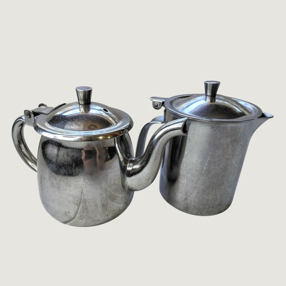 Vintage Stainless Steel Set Halco Mini Teapot + Harold Leonard Pitcher Diner